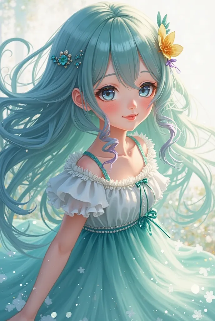 Girl with a small smile with long teal hair with a few purple locks in a very fluffy anime-style teal and white dress