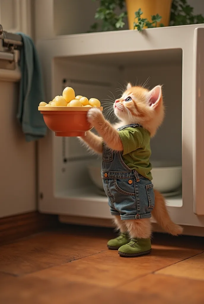 A playful kitten with fluffy fur is standing on its hind legs, reaching for a bowl of freshly cooked potatoes. The kitten is dressed in a green shirt and denim shorts, along with adorable booties. The kitchen has warm wood floors and a simple, modern desig...