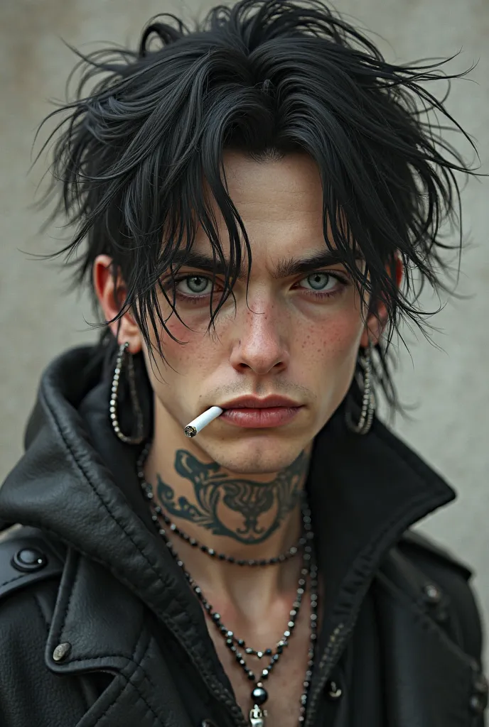 23-year-old man with mullet grill part of his hair fall out on his face emo style with earrings pirceng tattoo on his neck looking forward with a cigarette in his mouth 