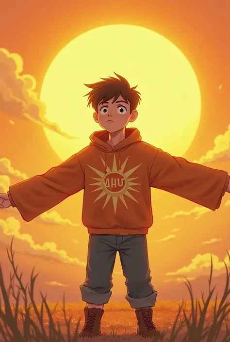 Vigenerate image with a size of 1024 to 576 of a boy who looks like a hero and in a wide sleeve I have a sun and I wear a sweatshirt with the letter sun