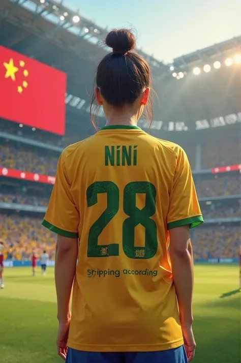 A Chinese woman wearing the Brazilian jersey And that the back of the shirt has been written: “NiNi” And that she is wearing the number: “28” And that: “shipping according” is written on the back of the shirt
 And I want the background of the image to be o...