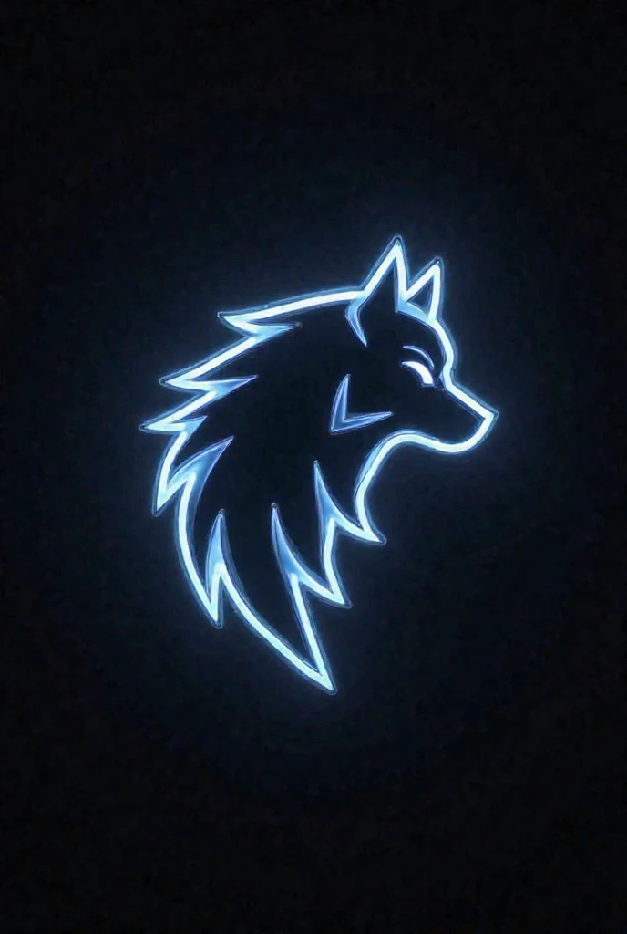 Create a wolf logo with white and smoky blue led , Let the background be black . The logo cannot be realistic  , But it must contain sharp lines . Can drawing n have color  , Only in the lines .