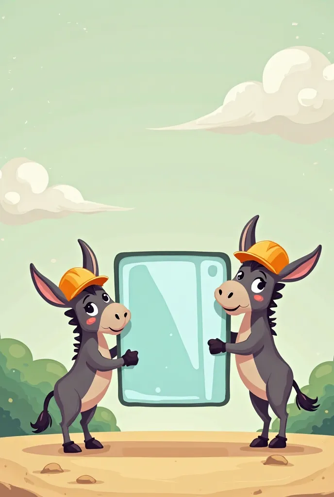  create a YouTube video cover, Make two donkey animals holding a rectangular piece of glass with a work hat