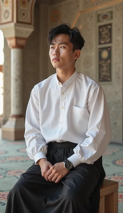 A 25-year-old Korean boy wears a white shirt with black peci and black sarong. Sitting inside a mosque without footwear, provides a calm atmosphere and wisdom. He also wears a black watch on his left wrist. The atmosphere of the picture gives a peaceful an...