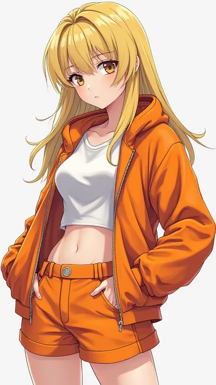 1 girl (appearance: Shoulder-length yellow hair, brown-orange eyes, pale skin, robust and athletic build, 19 years old) (Clothing: orange jacket, Crop top, short shorts) (Full Body Plane) 4K anime illustration,  Precise,  super detailed ,  tall details , h...