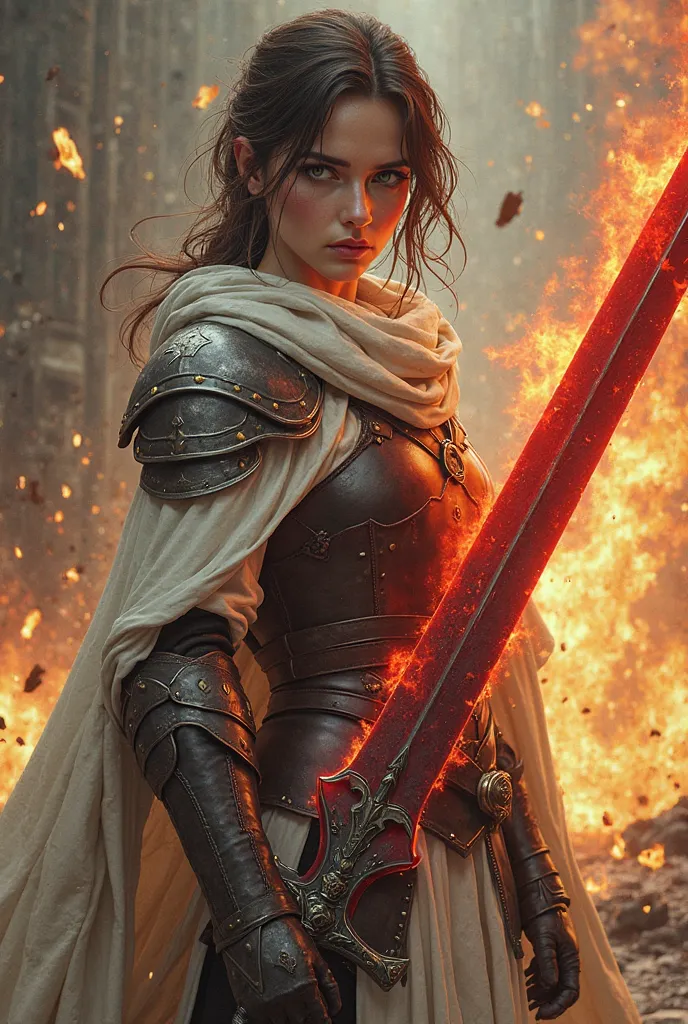 Full body, A Swordswoman, light skin, very light bright green eyes, medium scruffy dark brown hair, holding greatsword, ((FLAMBERGE)), BLOOD RED fire infused sword(((wearing a white cloak))), combined pieces of armor, dark fantasy, light leather chest armo...