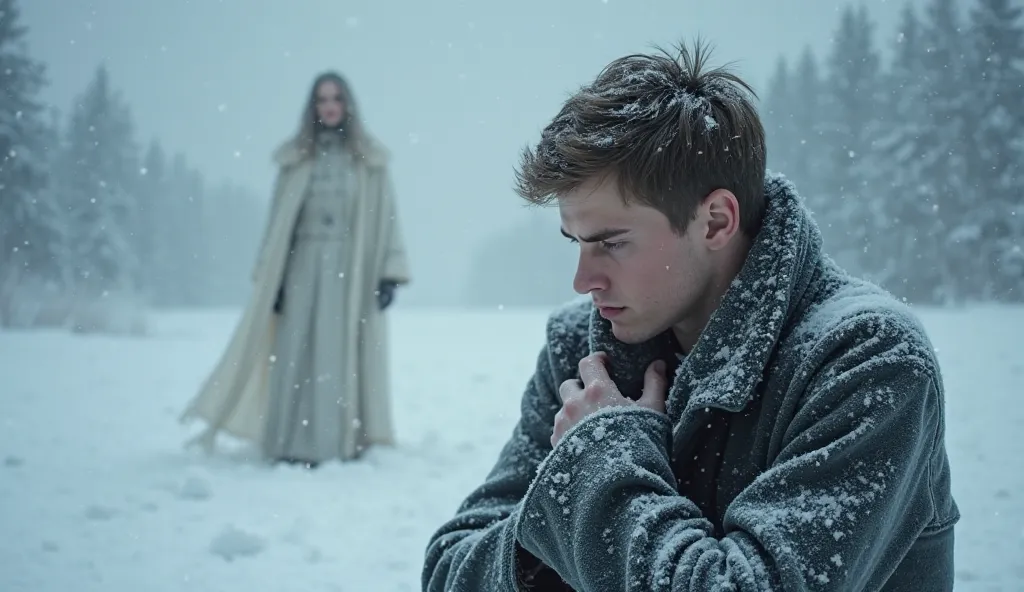 A hyper-realistic cinematic photograph of a young man, mid-20s, Caucasian, short brown hair, kneeling in the snow, gripping his chest as visible frost spreads across his skin. His breath is weak, and his blue lips tremble as if struggling to speak. In the ...