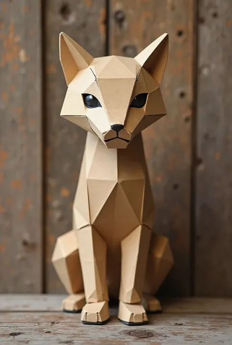 Create a cardboard cat in front of a wooden background looking at the realistic camera