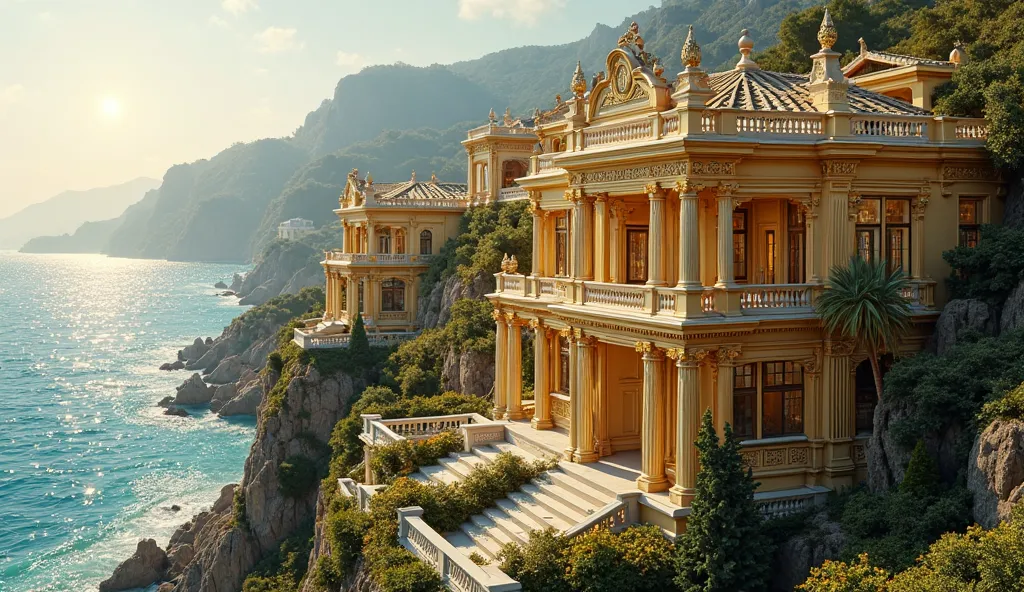 Beautiful Golden Mansions Ultra Realistic 8K Cinematic, near the sea, com iate