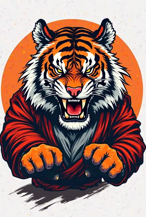 Generate a serious anime-style tiger logo for me , The tiger that is angry , With a karate , If the tiger is doing a karate technique guard with gloves and karate protectors you can add black tape a karategi or karate uniform , ( the circular logo) you can...