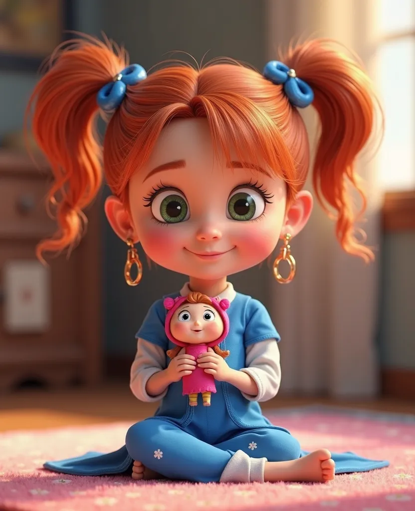  Cartoon character of a  , king, Wearing her hair tied in two Maria Chiquinhas, Blue outfit with white flower design. Sitting and holding a doll of the character Masha,  animated character, stylized character,  animation style rendering , 3D stylized,  Ren...