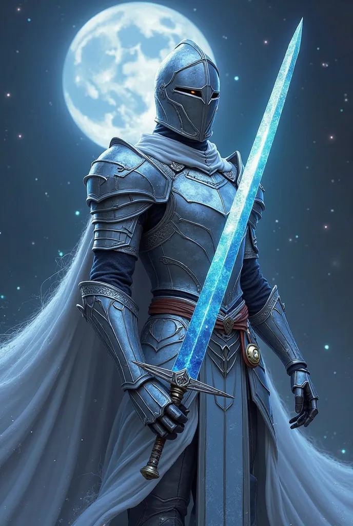 Sir Arven, the Moon Knight:

 Silver Armor: It shines under the light, with a metallic silver tone, and details in deep blue, that reminds of the stars. The plates of its armor are detailed and in geometric shapes, with small touches of blue glow on the ed...