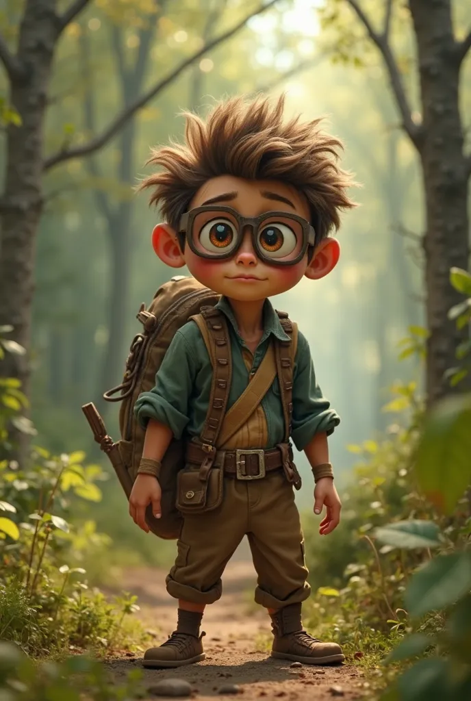 A  wanderer, , an old rag around his waist  , décor dans une forêt fougères mousse lierre , Funny Pixar humor ,  full body  ,  goggle , disheveled hair , concerned  . Yeux marrons   full body   Pixar drôle humour 