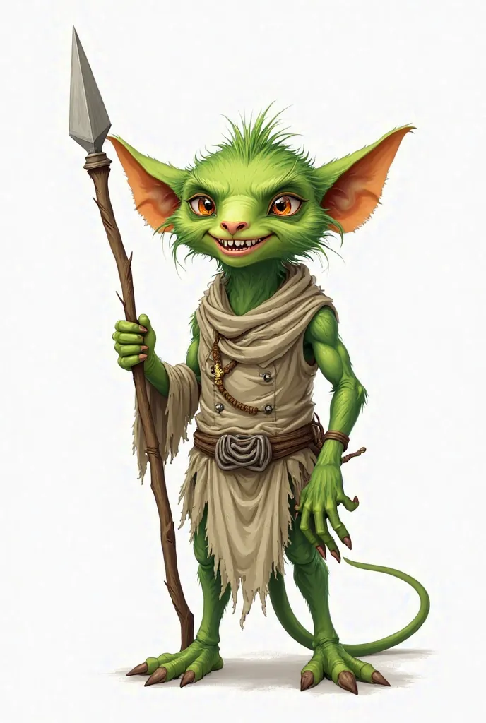 draw, in a cartoon style, a green and hairy creature with big pointed ears, add a rat's tail, a big jaw with big teeth and hands for feet, it stands on two legs with a spear in its hands, it is dressed in light fabrics and bones