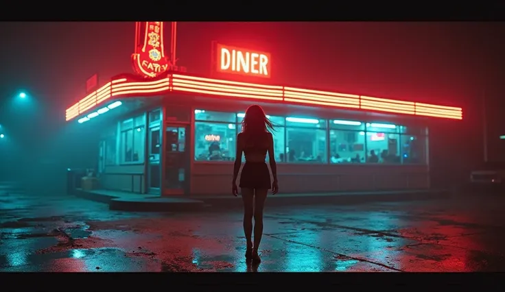 "A 1950s American diner, surrounded by darkness at night, with red and blue neon lights casting an eerie glow. The atmosphere is mysterious and filled with tension. In front of the diner, a female figure seen from behind, wearing a short, tight retro dress...