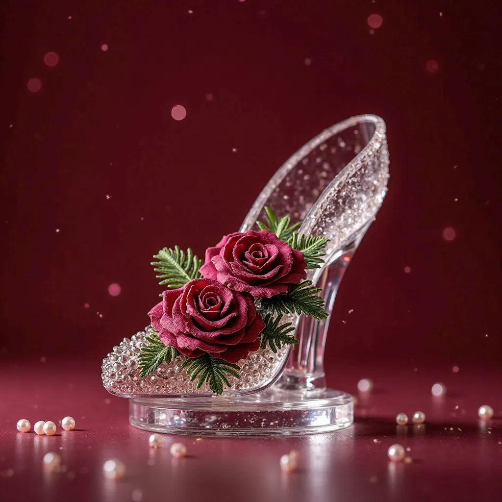 THE COMPOSITION on the crystal slipper is decorated with burgundy roses and fern leaves with a heart on a CRYSTAL STAND, PEARLS, ON A burgundy BACKGROUND, BRIGHT, FABULOUS, WITH HIGH-DETAIL, HIGH-DEFINITION IMAGES.