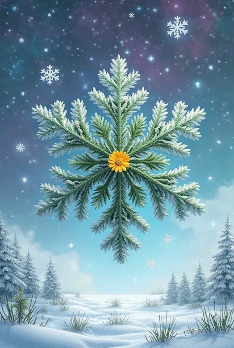 create an image with a larger snowflake in the middle, whose color is green and contains trees without leaves, with only the trunk and branches, over it. In the middle of this snowflake there must be only the core of a flower, whose color must be yellow. T...