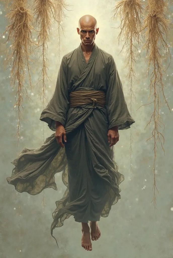  Male ,  , bald, of brown skin,  dressed in a kimono , Jute in the air.