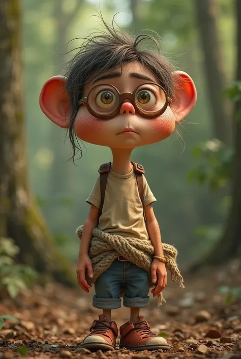 A  vagrant, , un vieux tissu  autour de la taille  , décor dans une forêt fougères mousse lierre , Funny Pixar humor ,  full body  ,  goggle , disheveled hair , concerned  . Yeux marrons   full body   Pixar drôle humour 