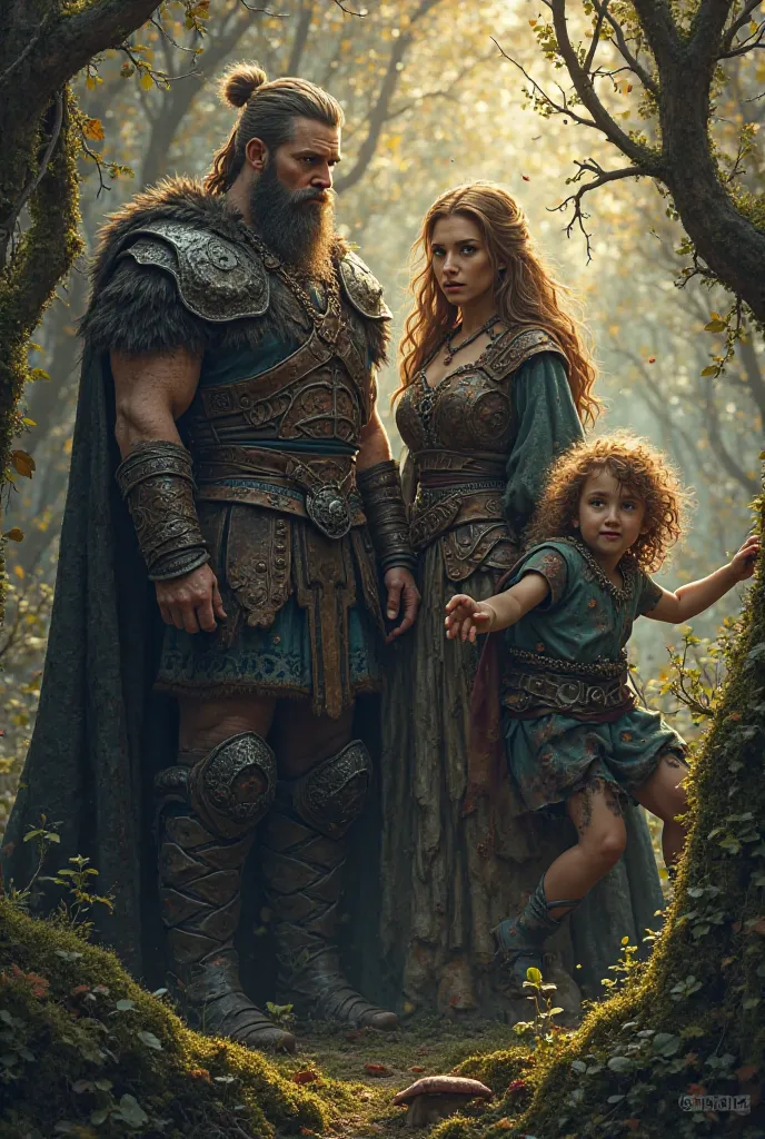 Play a Viking married to a witch and her baby ren in a dark and intense forest and your toddler ren playing in the tree, Half witch and half human