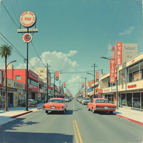 Hirhiroshi nagai painting. Retro futuristic. Mundane Midwest town