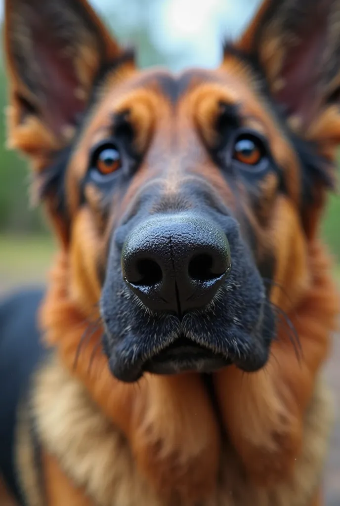 the nose of a horded-colored German Shepherd dog close up,the other part of everything is blurred with depth sharpness, HDR photo 