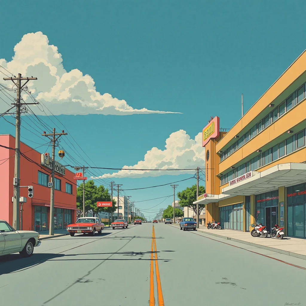 Hirhiroshi nagai painting. Retro futuristic. Mundane Midwest town