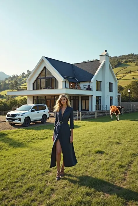 A latest-model house with a cow pen and a white Hilux 4x4, And a well-dressed woman 