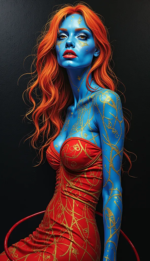 It represents a beautiful red-haired woman, dressed in a red dress that says: "DELIRIUM VFX". She is located slightly off-center on the left side of the painting, in a dynamic pose.  Its body is a striking blue color, adorned with intricate, bright swirlin...