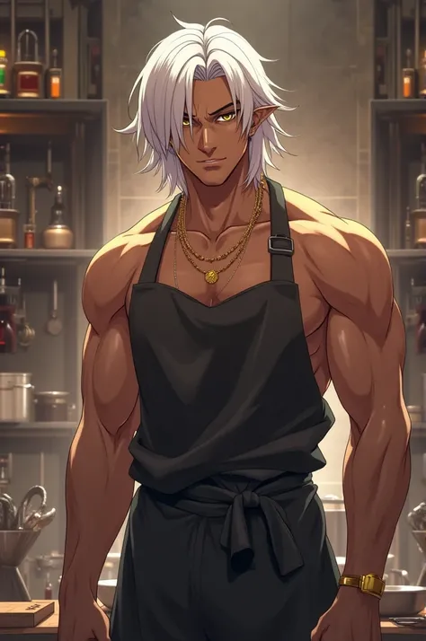 A 6'6 tall handsome Egyptian male anime character with dark skin, golden-amber eyes, shoulder-length shaggy white hair with loose bangs hanging down to eyes, a lean-muscular well-built physique, a thin golden necklace, a golden wedding ring on left hand ri...