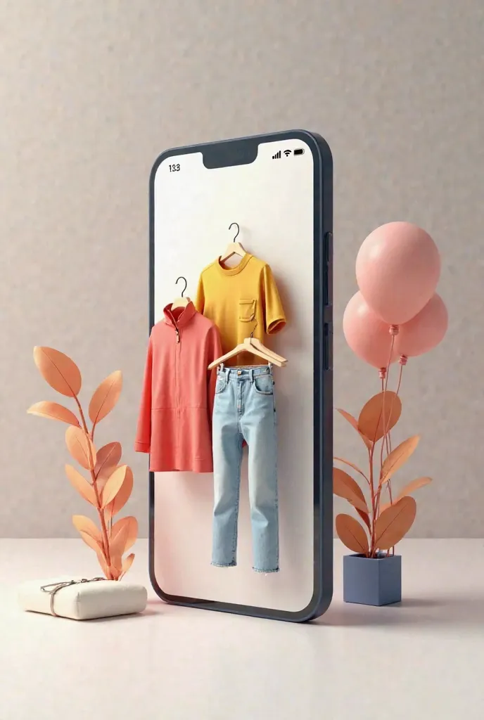 Create a cell phone standing vertically, With a 3D screen showing off men's and women's summer clothes!  summer clothes, I don't want people in the image! 