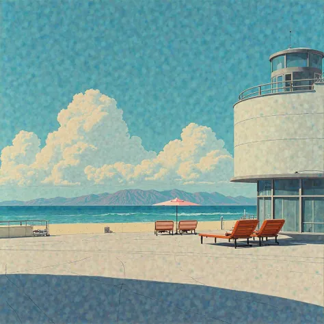 Hirhiroshi nagai painting. Retro futuristic. Mundane landscape