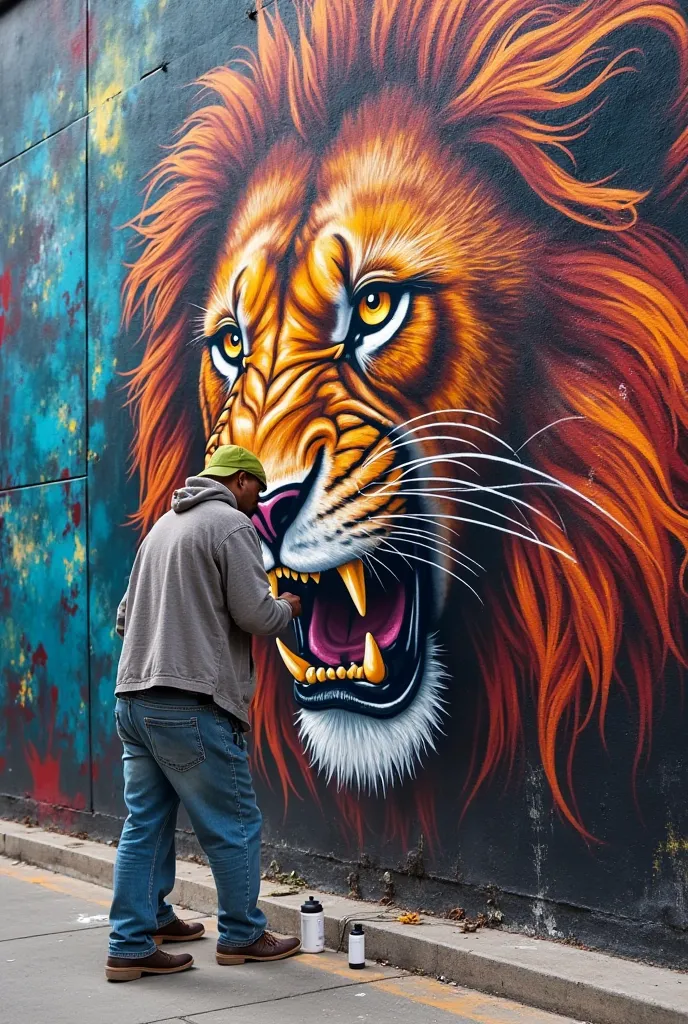 A vibrant street mural depicting a fierce lion, the artist spray painting the final details in broad daylight. Shot with a 50mm prime lens (f/1.8) for a sharp, street photography feel. Cinematic 16:9 aspect ratio."