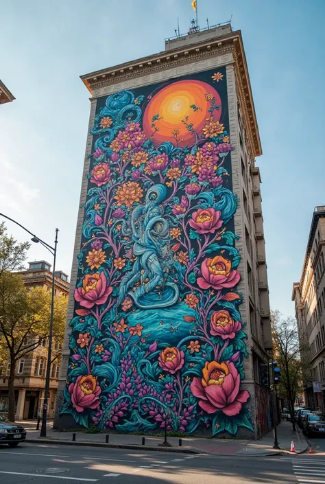 1. A large-scale mural on an urban building, intricate details and bright colors contrasted against the urban dec"ay. Shot with a 24mm wide-angle lens (f/2.8) for an expansive, immersive effect. Cinematic 16:9 aspect ratio."