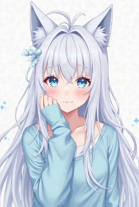 Girl long white hair with bangs wolf ears light blue top arm warmers light blue light blue tuft of hair light blue anime 