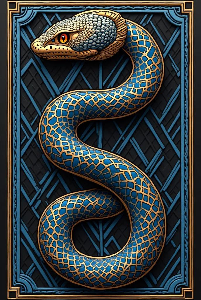 Inter Milan serpent coiled in a geometric Art Deco pattern, bold black-and-blue contrasts by Erté, gold metallic accents, sharp angular shadows, opulent 1920s glamour, vertical smartphone artwork.