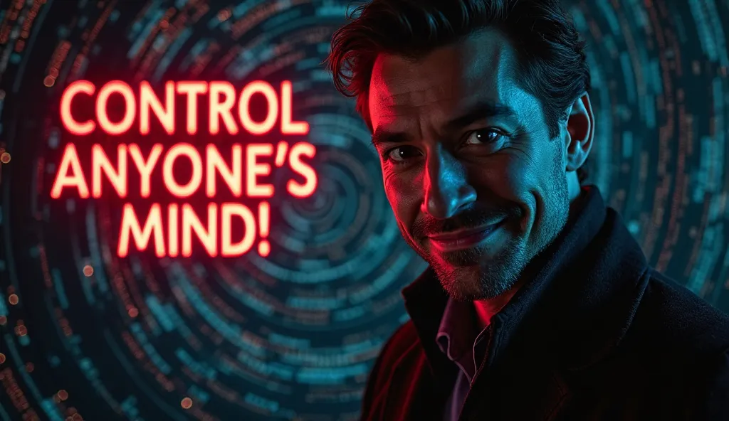 A mysterious, confident man smirking with intense eyes, slightly shadowed face, exuding dominance and power. The background should have a dark, hypnotic spiral or digital brain waves, symbolizing mind control. Bold, eye-catching text saying ‘CONTROL ANYONE...