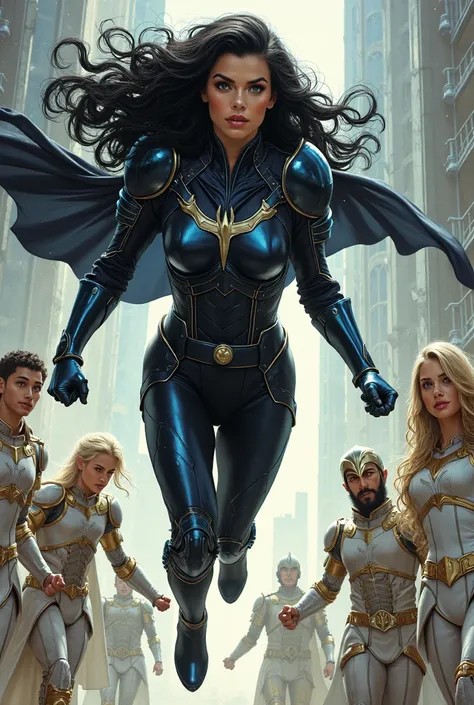  create an image of a woman with long, curly black hair, dressed in black superhero armor with light blue details flying, fighting versus four magical knights, three men and a beautiful woman with blonde hair, dressed in white armor with gold details. in t...