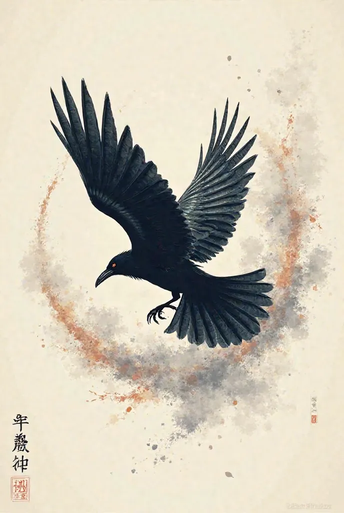 Make a flying crow with feathers around it and background details in Japanese brush painting style 