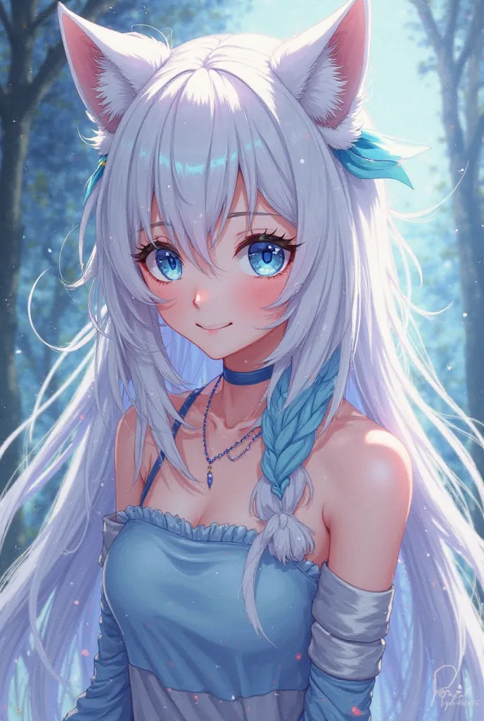 Girl long white hair with bangs wolf ears top light blue arm warmers light blue tuft of light blue hair necklace TikTok anime 