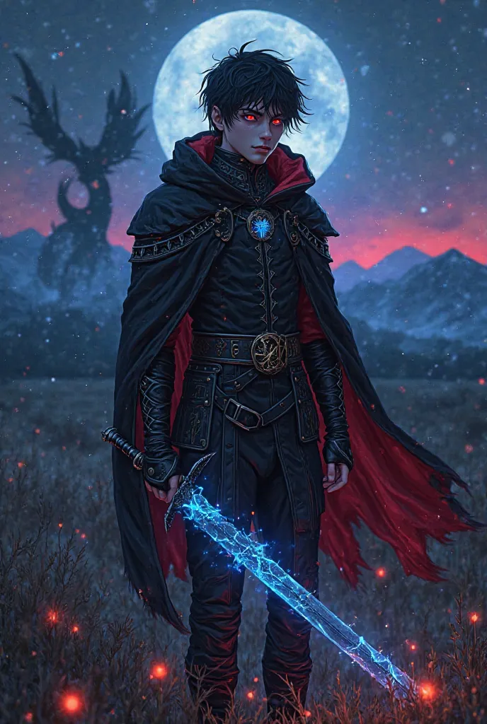 Created Anime dark fantasy book cover, Pale young man (17-19 years old) with black matted hair, dark red eyes with gold rings, dressed in a black leather doublet with silver embroidery, short crimson lined cloak, fingerless gloves, holds a cracked sword wi...