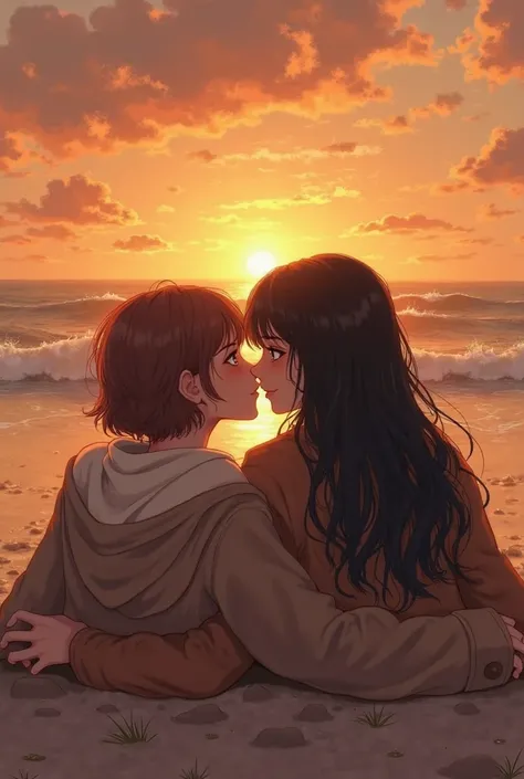 Two girls in love sitting on their backs on the beach watching the sunset sharing a jacket. One has short brown hair and the other has long black hair.