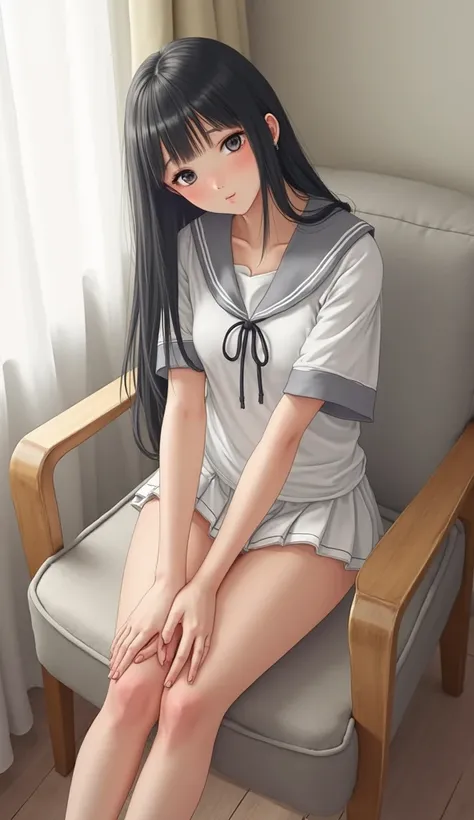 An ultra-high picture quality、Perfect Photo、Japan beautiful girl、******、female high-school student、Slender body、Black hair Long hair、With bangs、Cute room、Own room、Sit on a chair、Raised mini skirt、Stretch comfortably、Wearing only a plain white sailor suit、G...