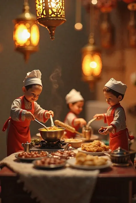  tiny chefs are cooking a traditional Iftar feast. Some are stirring a tiny pot of soup, others are flipping samosas on a miniature stove, and a few are setting up plates of dates and sweets. The background has a cozy kitchen setting with Ramadan lanterns ...