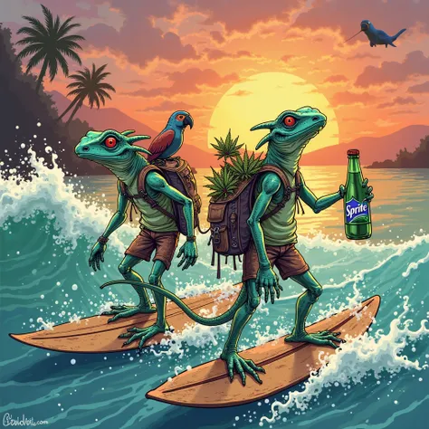 Two very thin pirate lizards surfing a wave,on old and damaged surfboards,they have a parrot on their shoulder,with their tongues out,carry a bottle of Sprite with violet juice in their hand,on his back he wears a backpack overflowing with marijuana and ma...