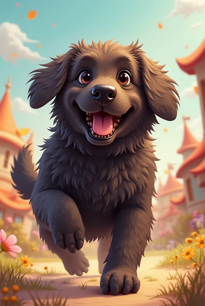 Labrador dog with a lot of fur, negro, Cartoon style