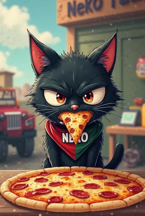 Angry black cat wearing bandana with Italian flag and NEKO writing while eating pizza with a Mini 4WD neighbor and writing NEKO TEAM in the background 