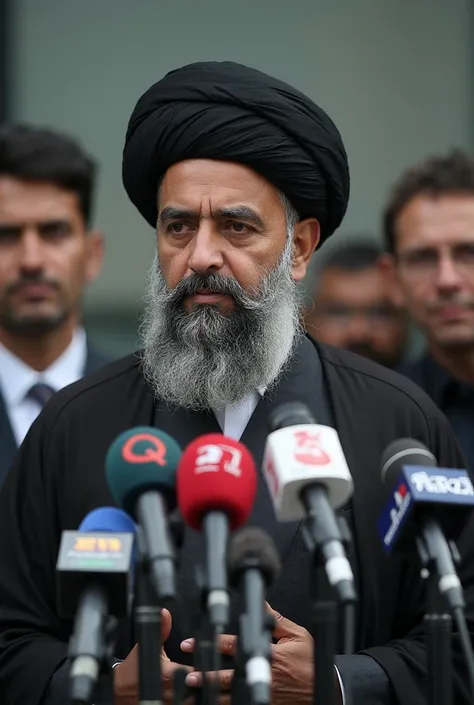 A high-resolution photograph of Hafiz Saad Rizvi, a small bearded man wearing a black turban and traditional dark-colored attire, speaking at a press conference. He stands behind a microphone with a serious and focused expression, addressing the audience. ...