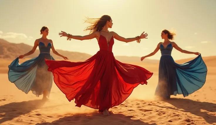 The lead woman performs an elegant and powerful dance move, spinning gracefully on the sand. Her red silk skirt flares around her, revealing toned legs. Her hands move fluidly, adorned with golden bangles. The warm sunlight casts long shadows on the desert...