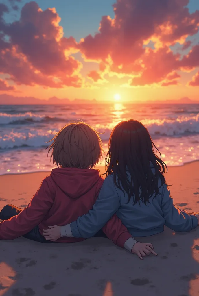 Two girls sitting on their backs on the beach watching the sunset sharing a jacket. One has short brown hair and the other has long black hair.